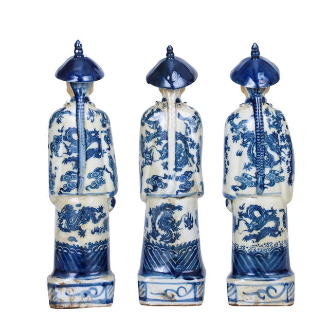 Blue and White Porcelain Chinese Qing 3 Generations Emperor Statue Figurine 11"