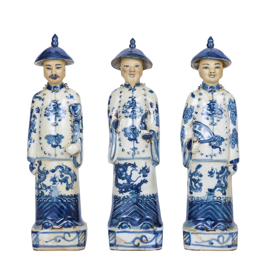 Blue and White Porcelain Chinese Qing 3 Generations Emperor Statue Figurine 11"