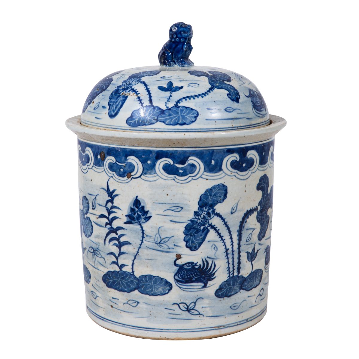 Rustic Blue and White Lotus Mandarin Duck Lidded Jar 16"