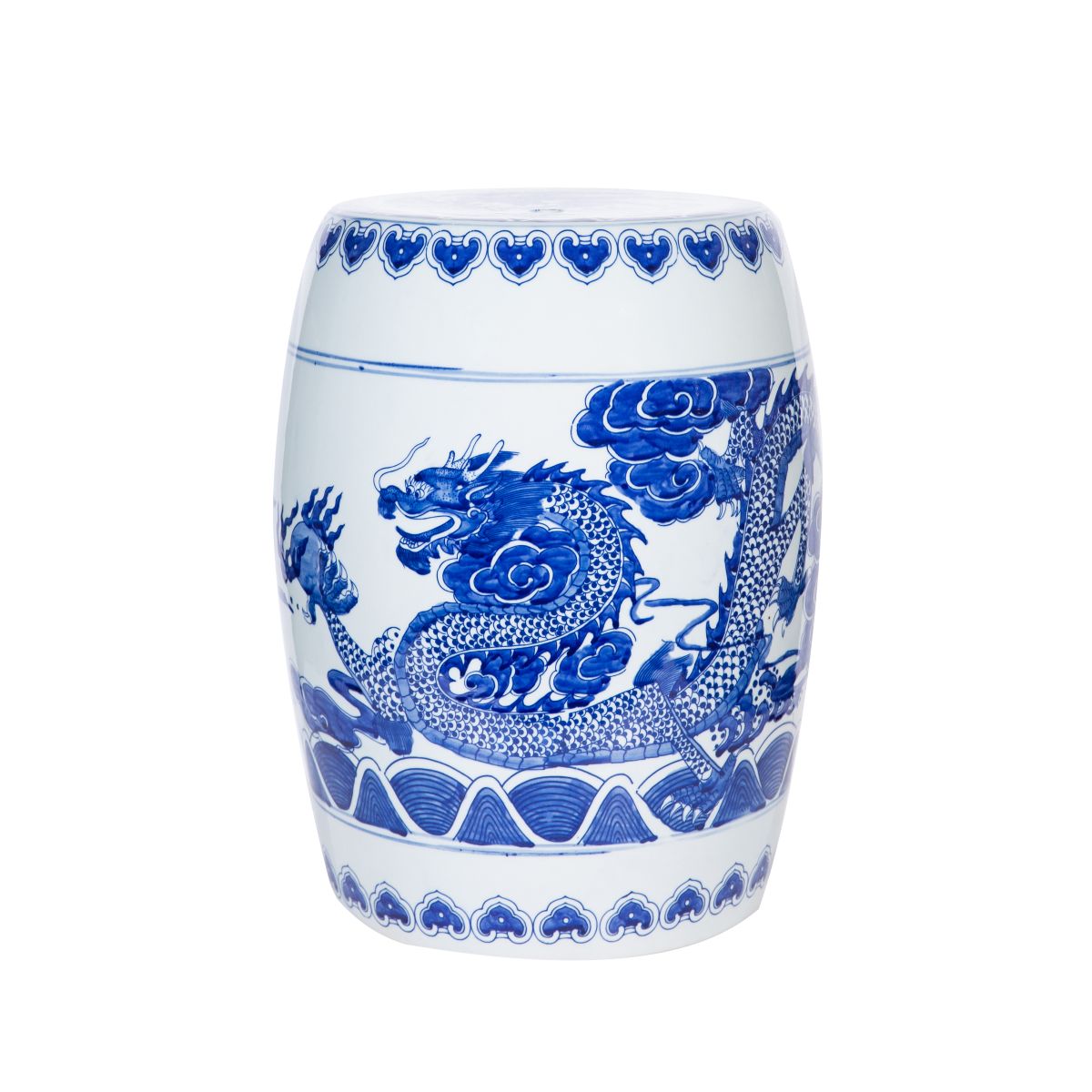 Blue & White Porcelain Garden Stool Dragon Cloud Motif