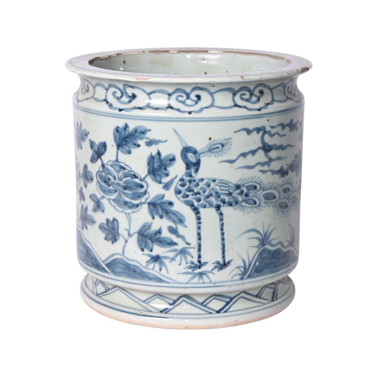 Blue and White Orchid Pot Bird Motif 10"