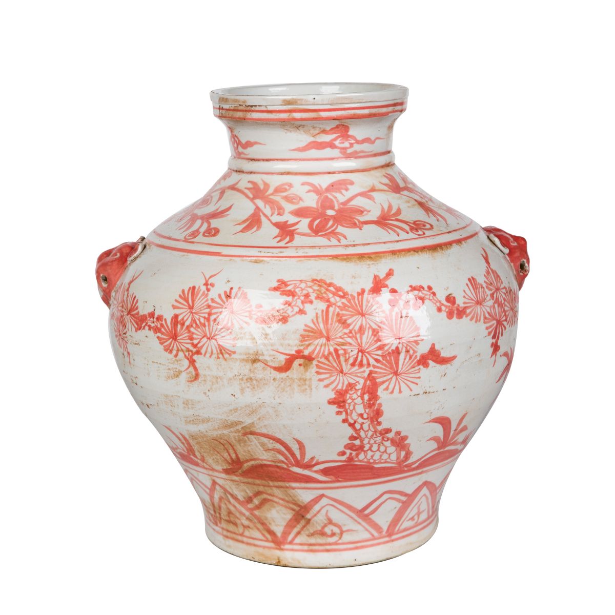 Coral Red Porcelain Plum Jar Double Lion Handle