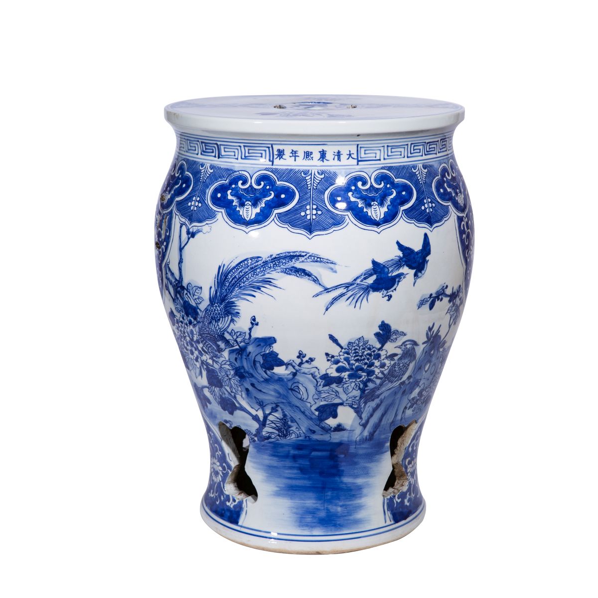 Blue and White Bird Floral Paneled Drum Garden Stool
