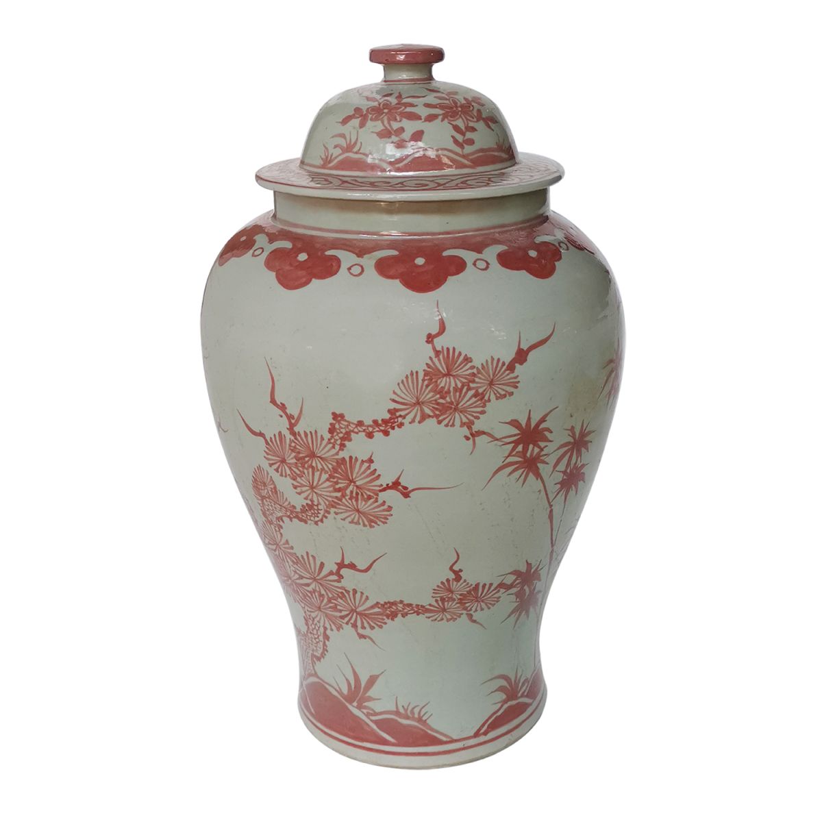 Coral Red Plum Tree Porcelain Temple Jar 18"