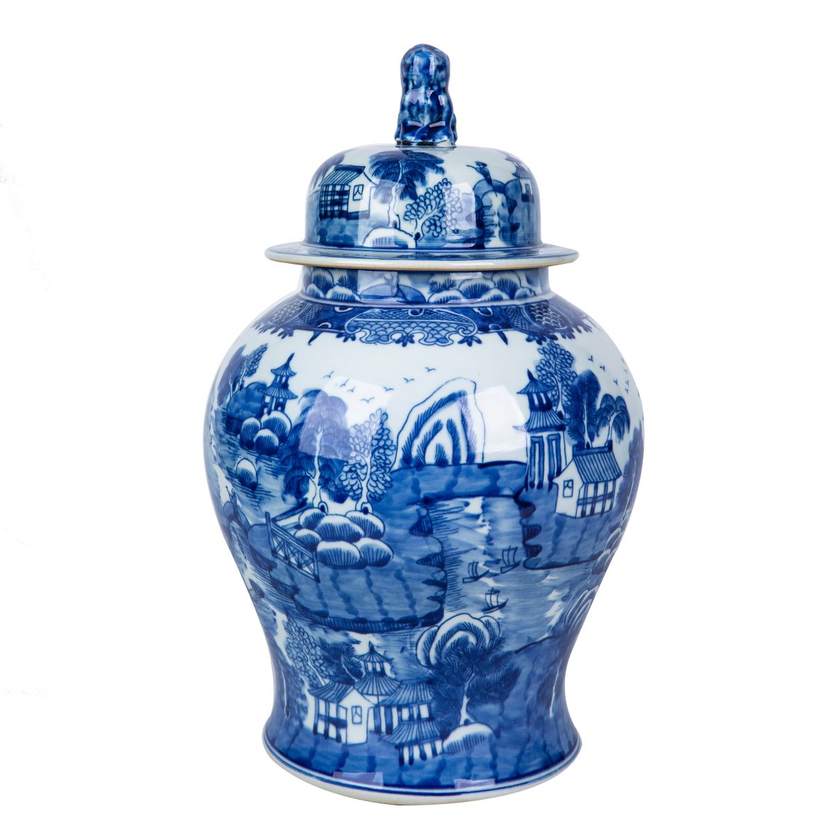 Blue and White Mountain Pagoda Porcelain Temple Jar 16"