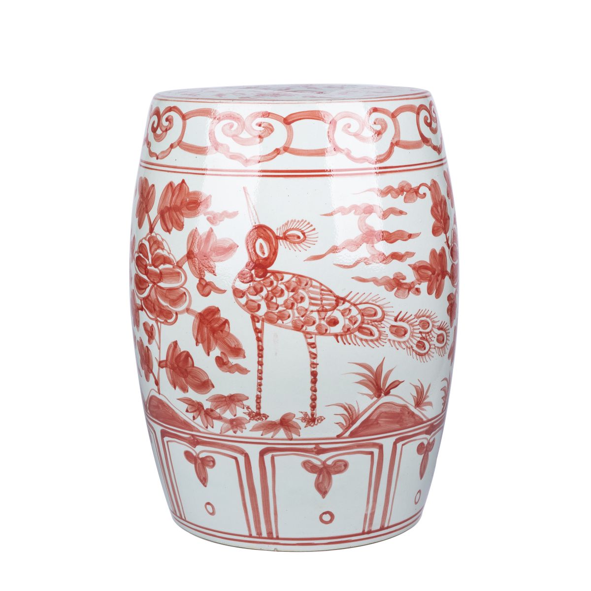 Coral Red Bird Village Porcelain Garden Stool