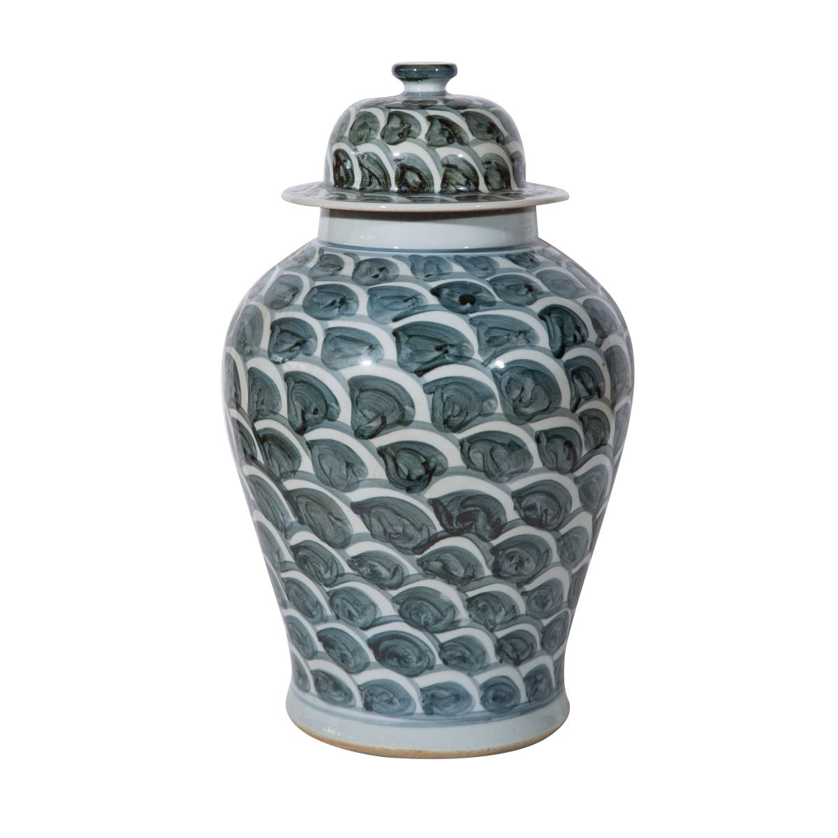 Rusty Blue and White Fish Scale Porcelain Temple Jar 18"