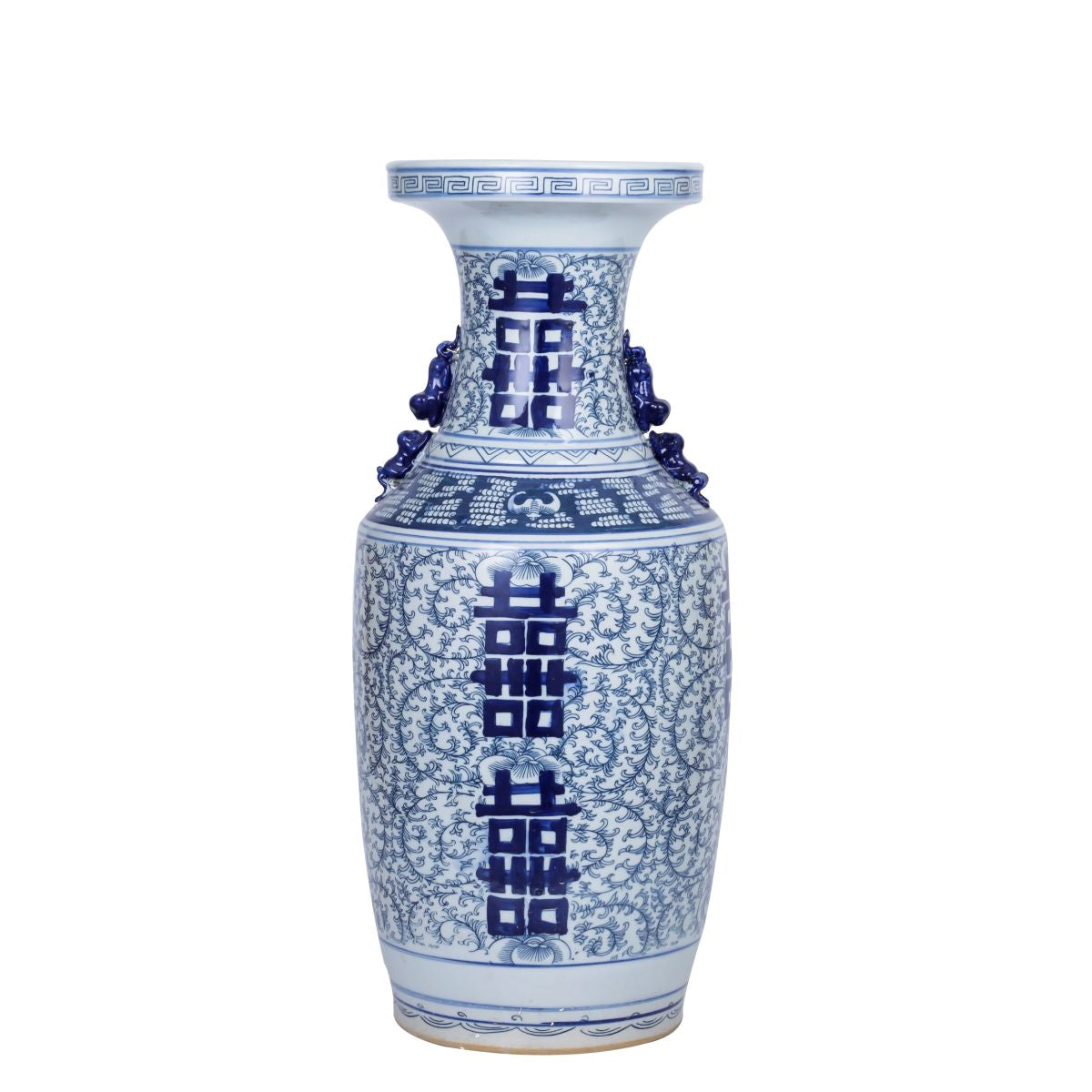 Blue And White Double Happiness Flower Porcelain Vase With Ears 23"