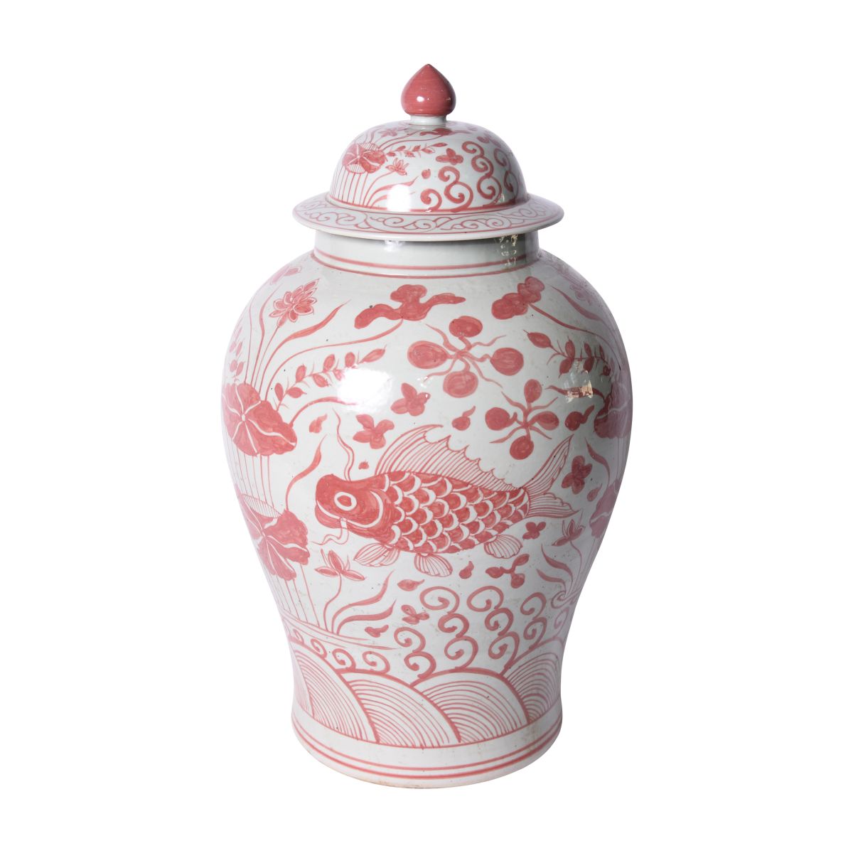 Coral Red Fish Porcelain Temple Jar