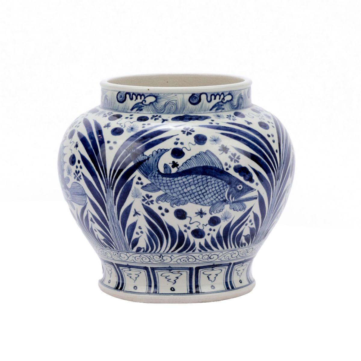 Blue and White Open Top Porcelain Fish Jar 13"