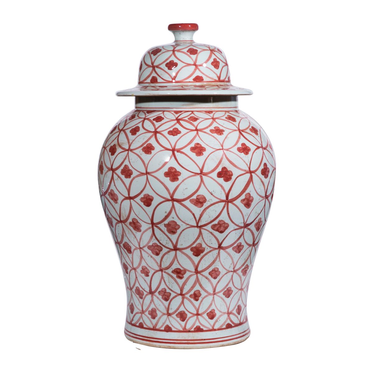 Coral Red Coin Flower Porcelain Temple Jar 18"