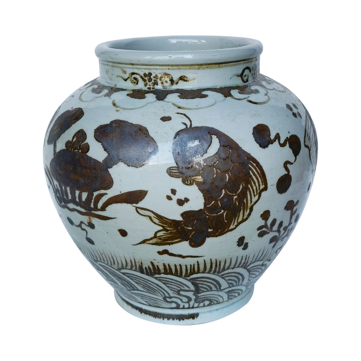 Rusty Brown Small Porcelain Open Fish Jar 11"