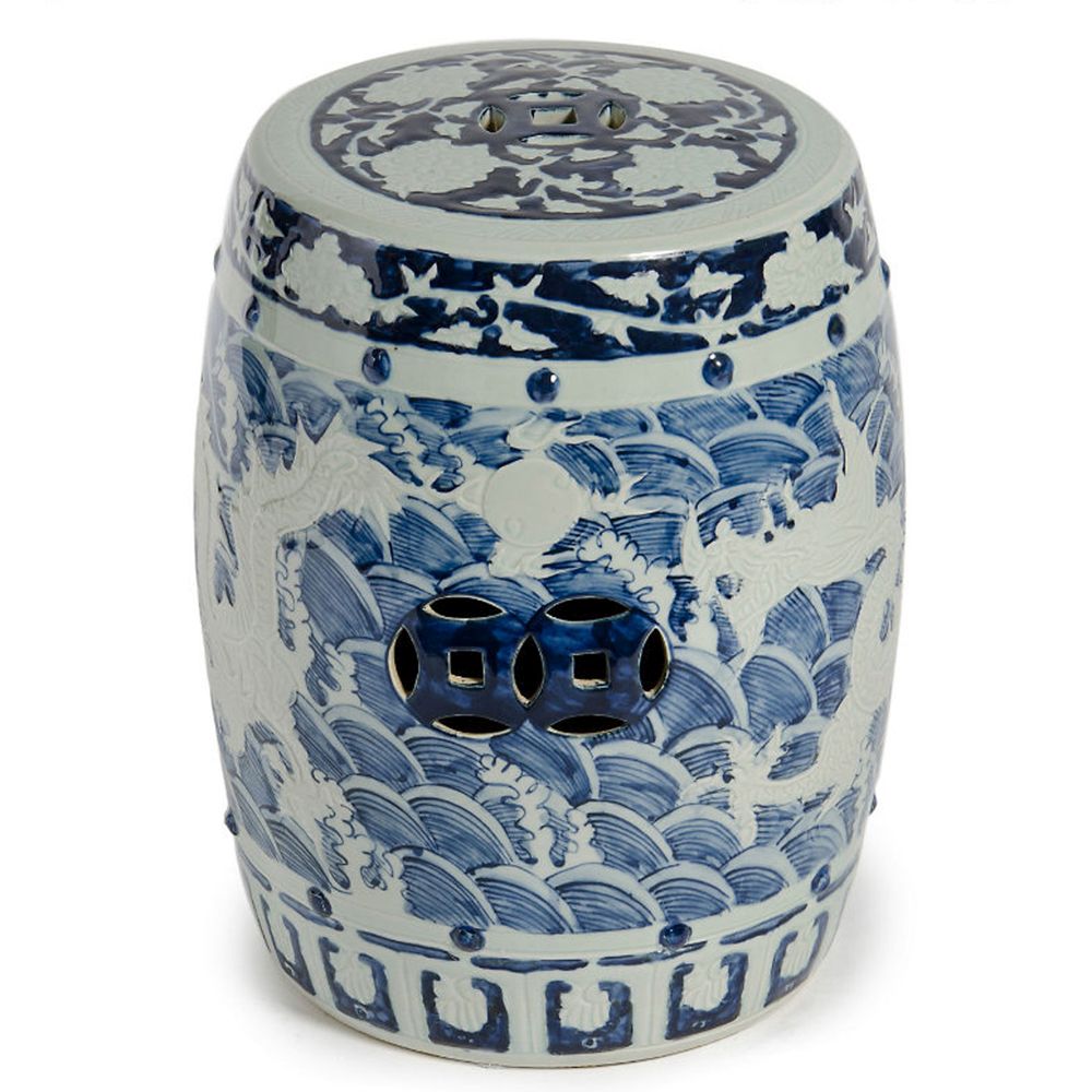 Blue and White Carved Dragon Porcelain Garden Stool