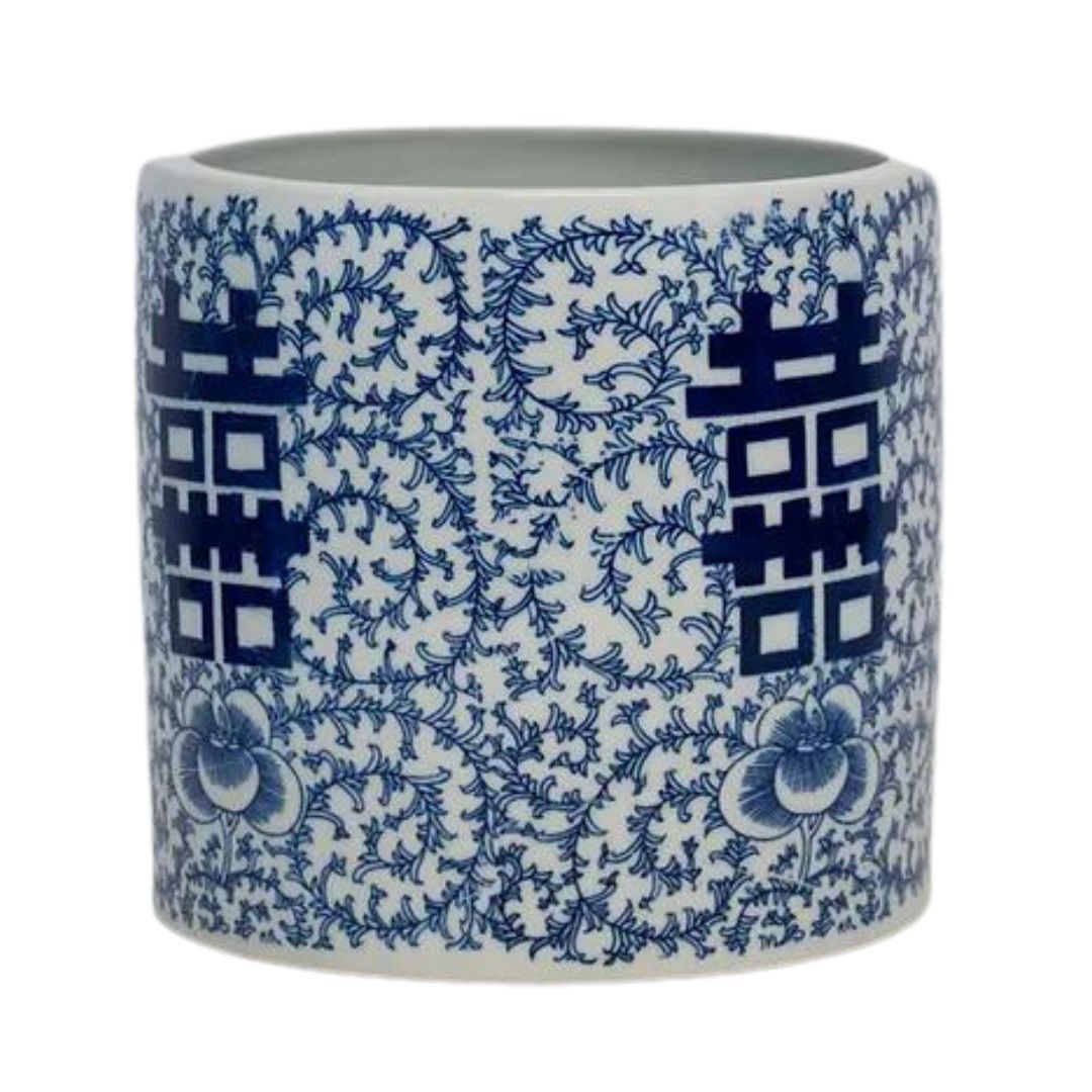 Blue and White Double Happiness Porcelain Pot 8"