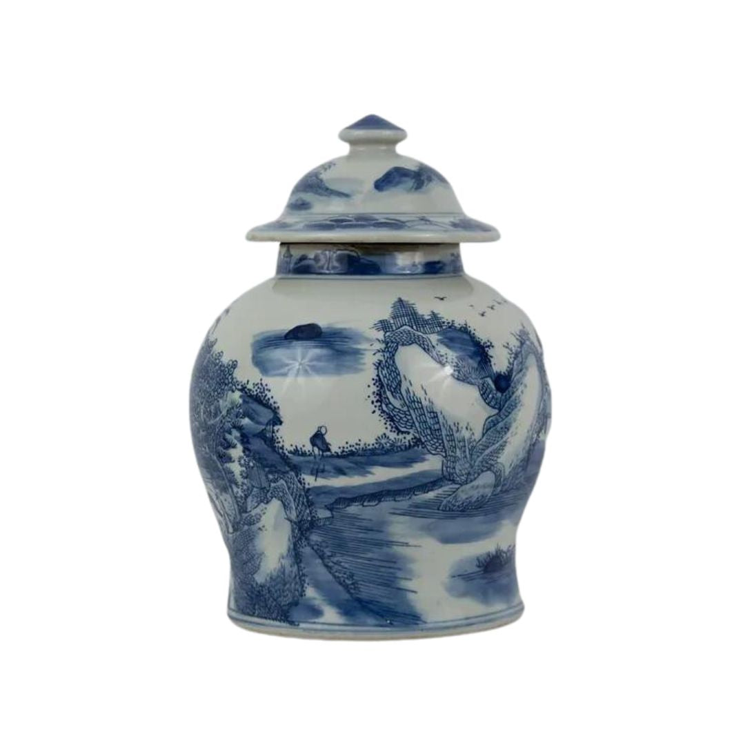 Blue and White Landscape Porcelain Ginger Jar 13"
