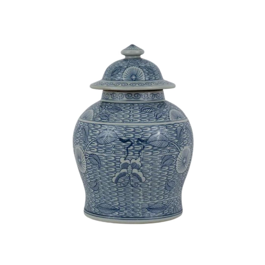Blue and White Patterned Porcelain Ginger Jar 13"