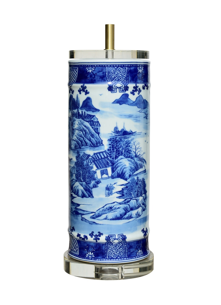 Blue and White Landscape Cylindrical Porcelain Vase Table Lamp 29"