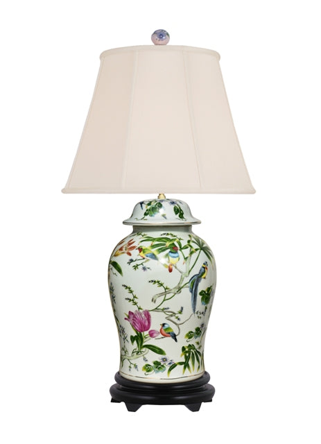Chinese Porcelain Bird and Floral Motif Temple Jar Table Lamp 28"