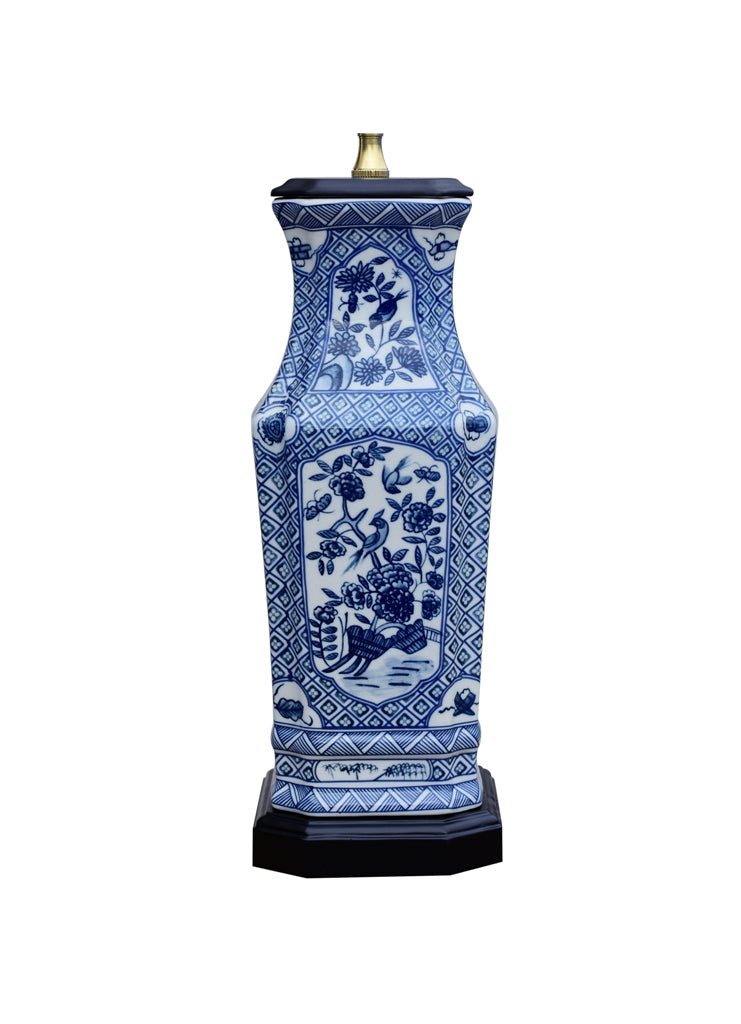 Blue and White Rectangular Floral Porcelain Vase Table Lamp 28"