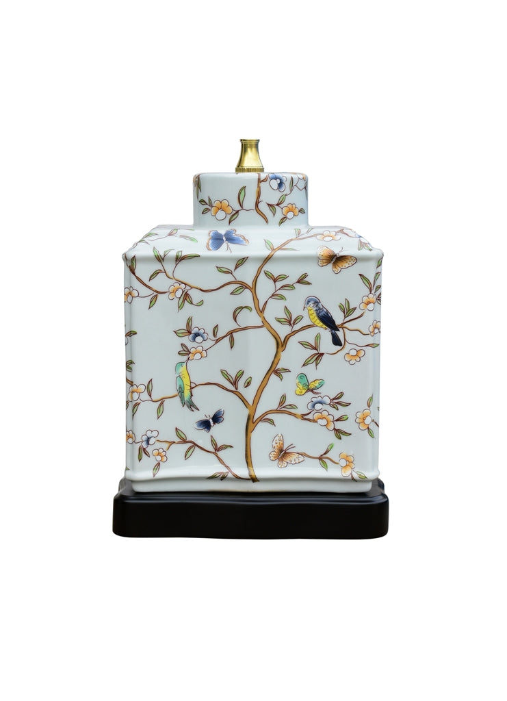 Chinese Porcelain Bird Motif Tea Caddy Table Lamp 20"