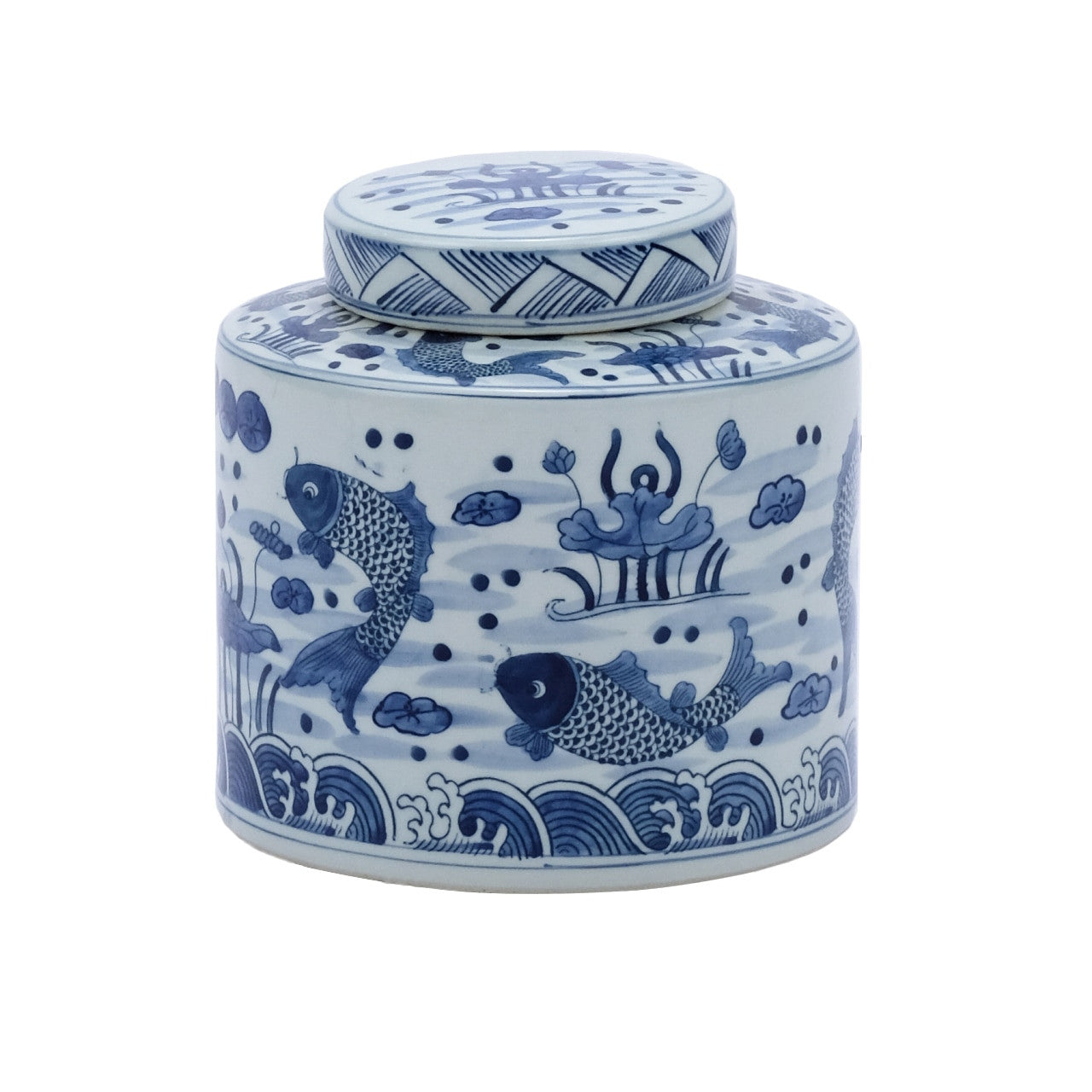 Beautiful Blue and White Fish Motif Round Ginger Jar 8"