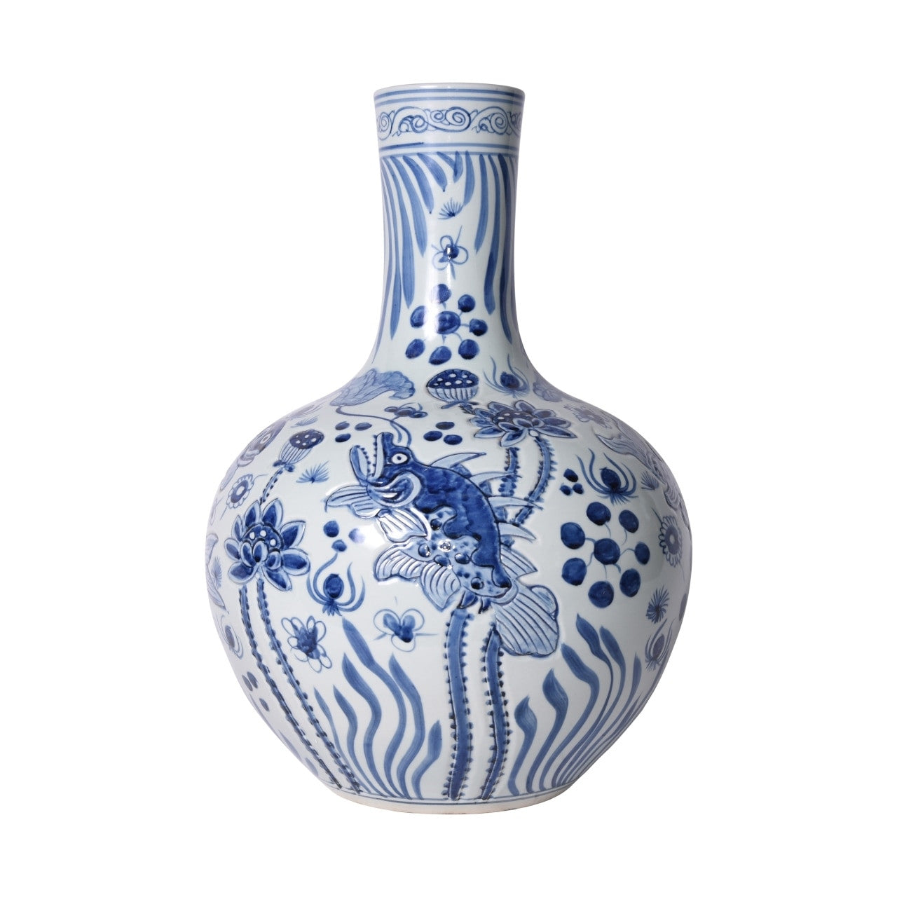 Beautiful Blue and White Fish Motif Emobssed Porcelain Globular Vase 21.5"
