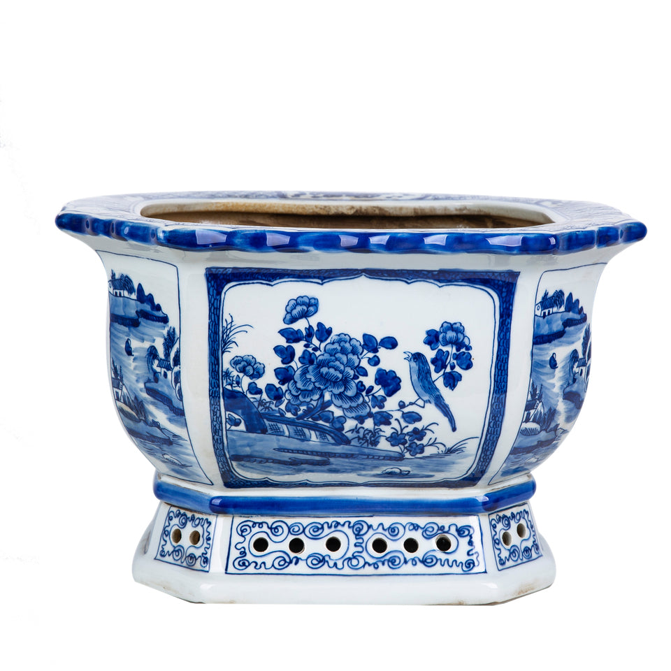 Blue and White Octagonal Floral Patterned Porcelain Planter