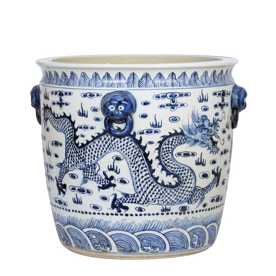 Blue and White Dragon Motif Planter 17" Diameter