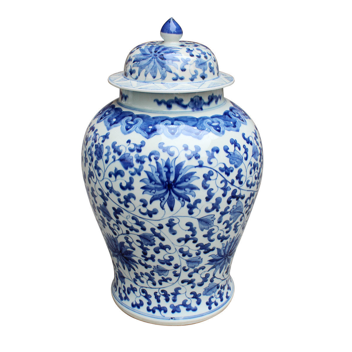 Beautiful Blue and White Porcelain Temple Jar Twisted Lotus Motif 21" Tall