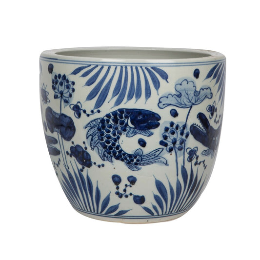 Blue and White Fish Motif Porcelain Orchid Pot
