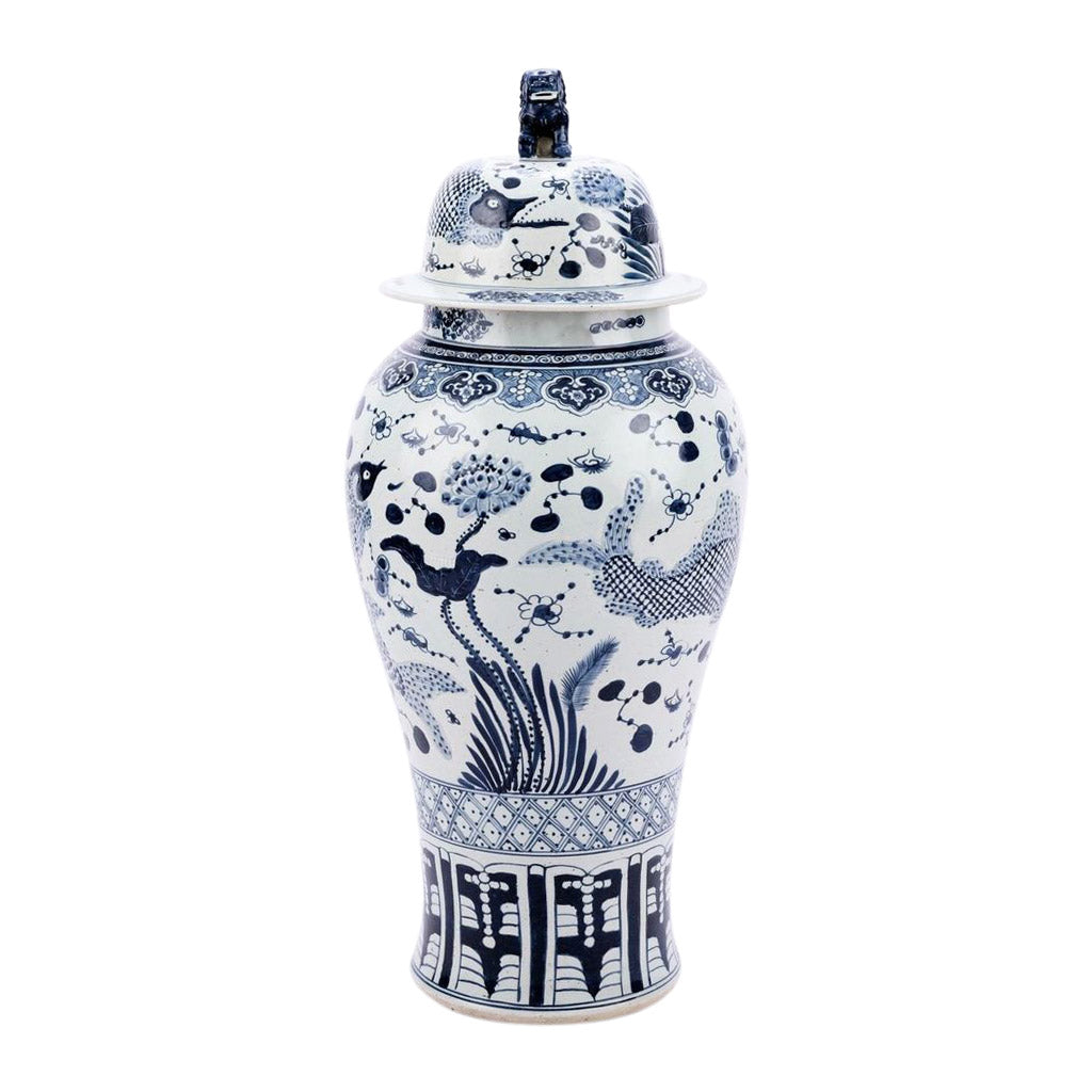 Blue and White Fish Motif Large Tall Porcelain Temple Jar 44"