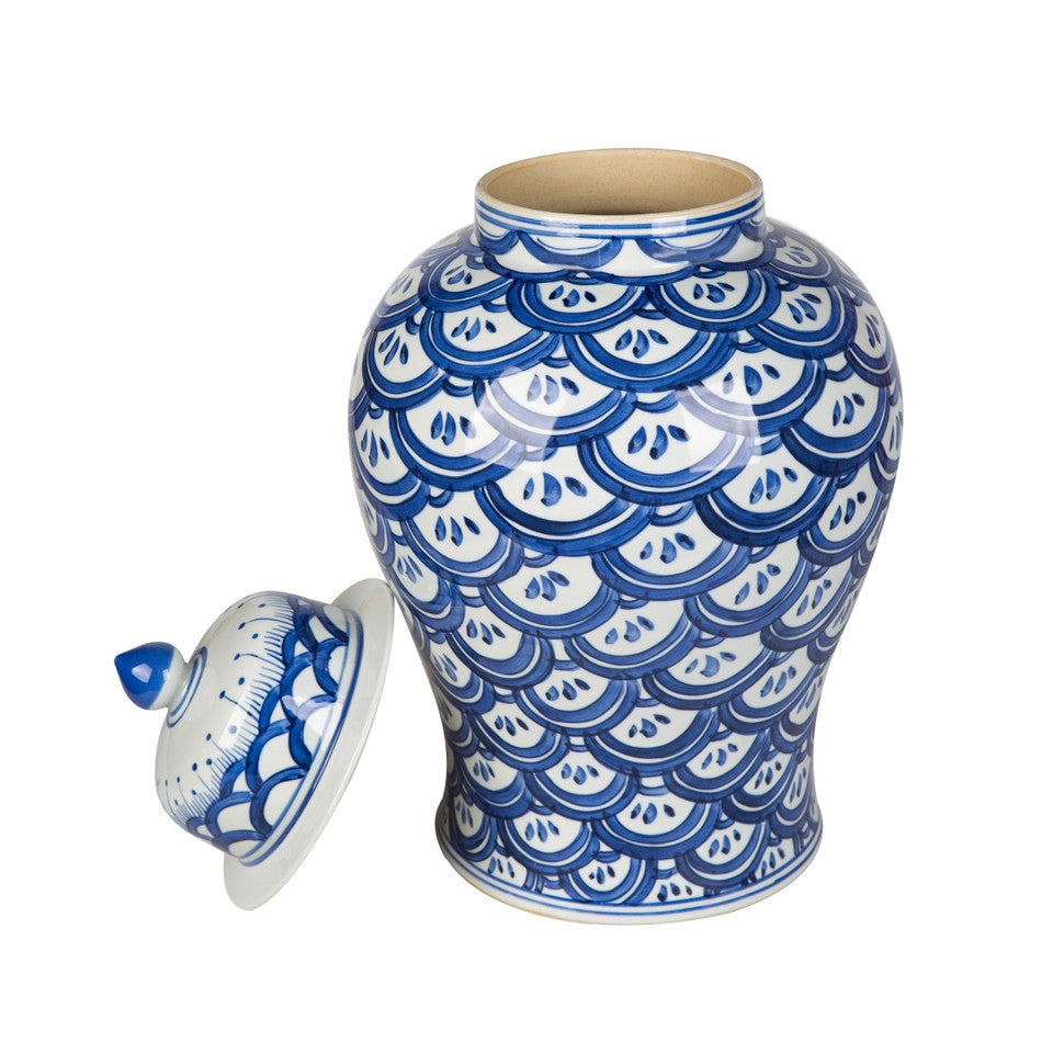 Blue and White Sea Wave Temple Jar 18"