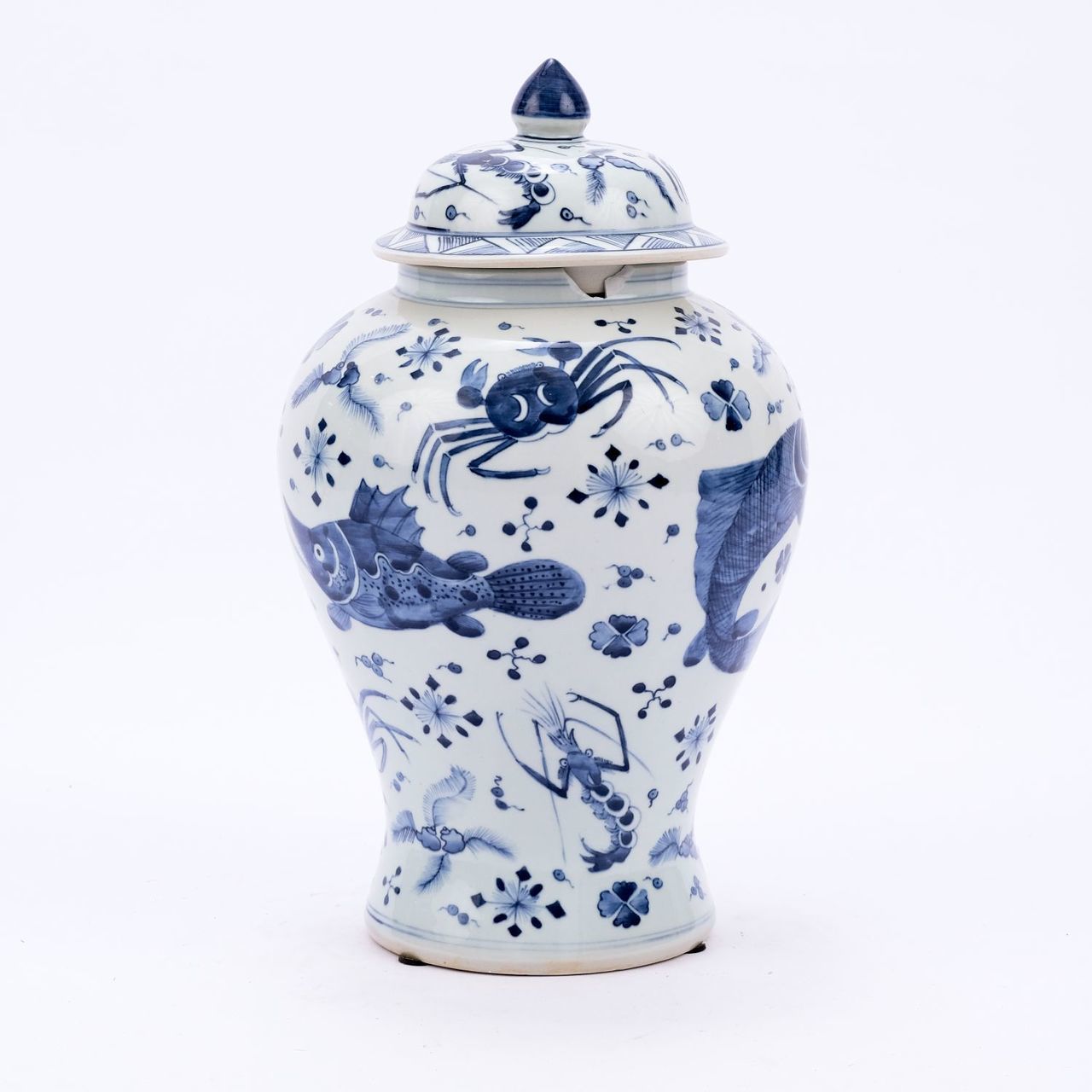 Blue and White Fish and Crab Motif Porcelain Temple Jar 19"