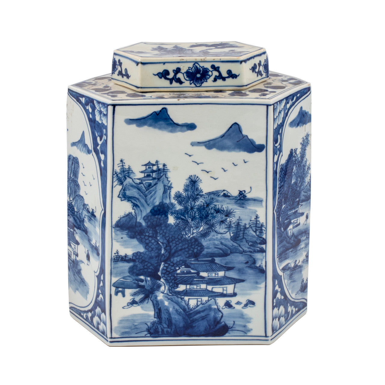 Blue And White Flat Hex Jar River Village Scene