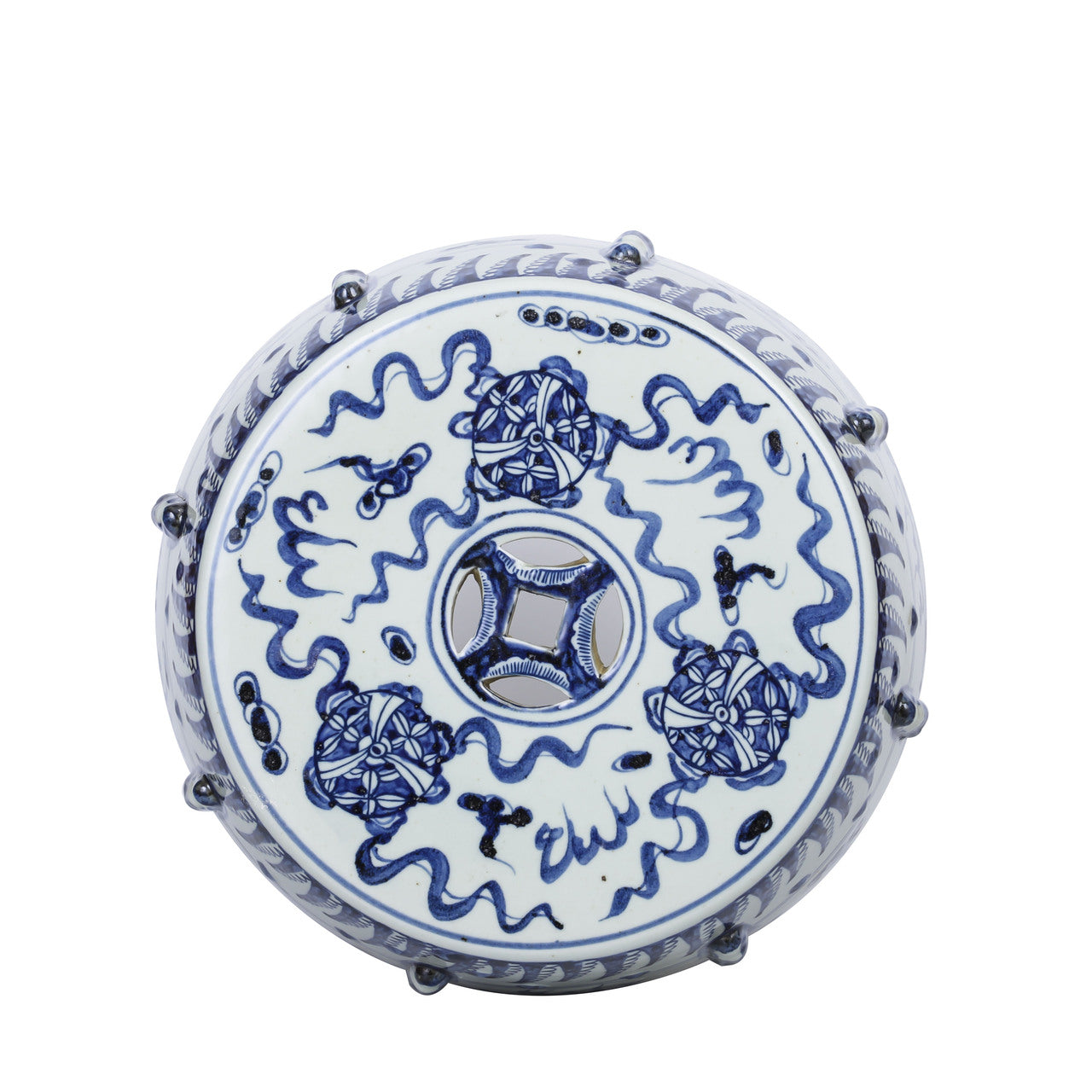 Chinese Blue and White Porcelain Garden Stool Round Foo Dog Lion Motif 18"