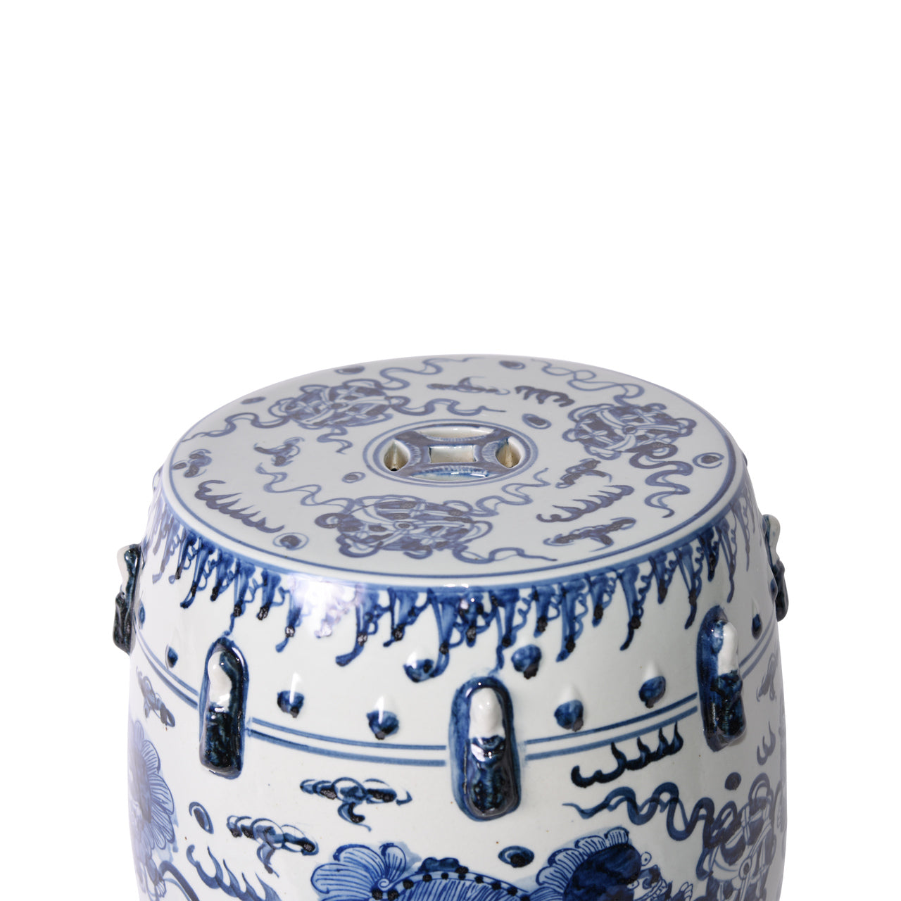 Chinese Blue and White Porcelain Garden Stool Round Foo Dog Lion Motif 18"