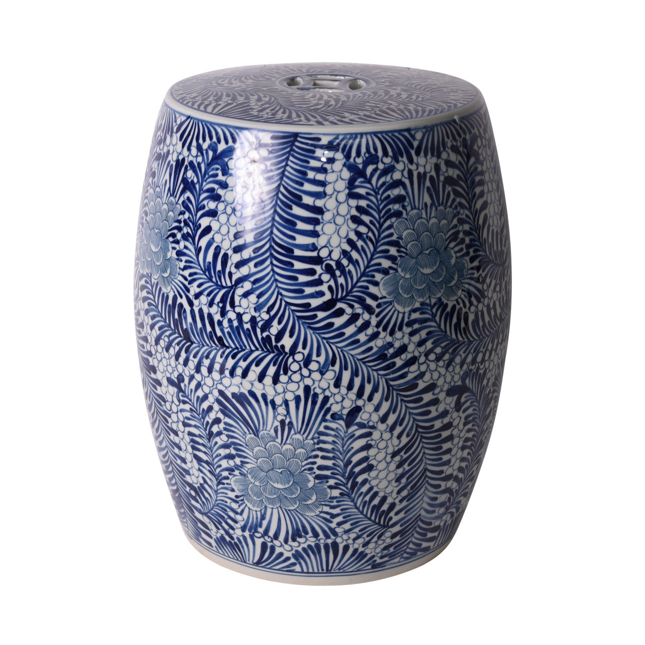 Blue and White Porcelain Floral Feather Leaf Motif Garden Stool 17"