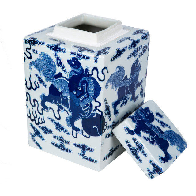 Blue And White Foo Dog Square Porcelain Tea Jar