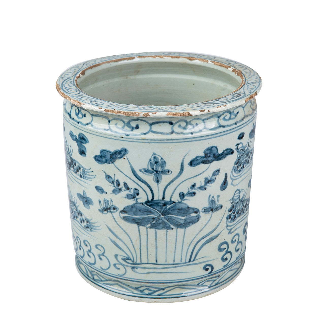 Blue and White Orchid Pot Mandarin Duck Motif
