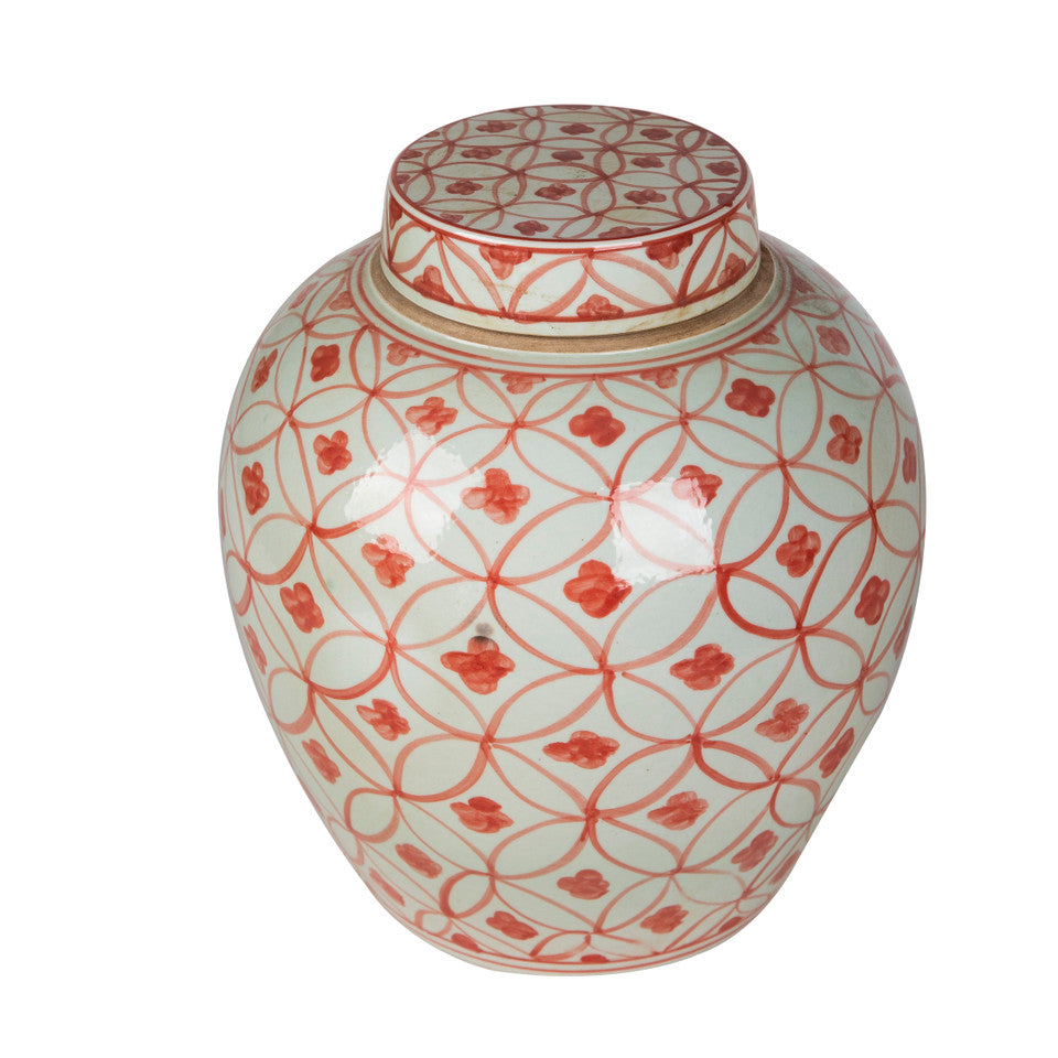 Coral Red Porcelain Ming Jar Coin Motif 11"
