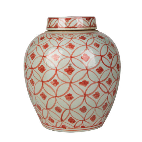 Coral Red Porcelain Ming Jar Coin Motif 11"