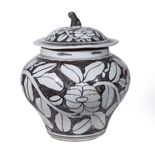 Porcelain Black Peony Foo Dog Lid Jar