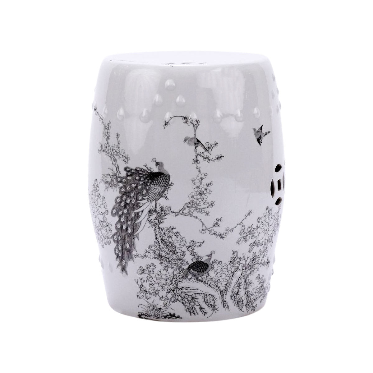 Black and White Floral Bird Motif Porcelain Garden Stool 17"