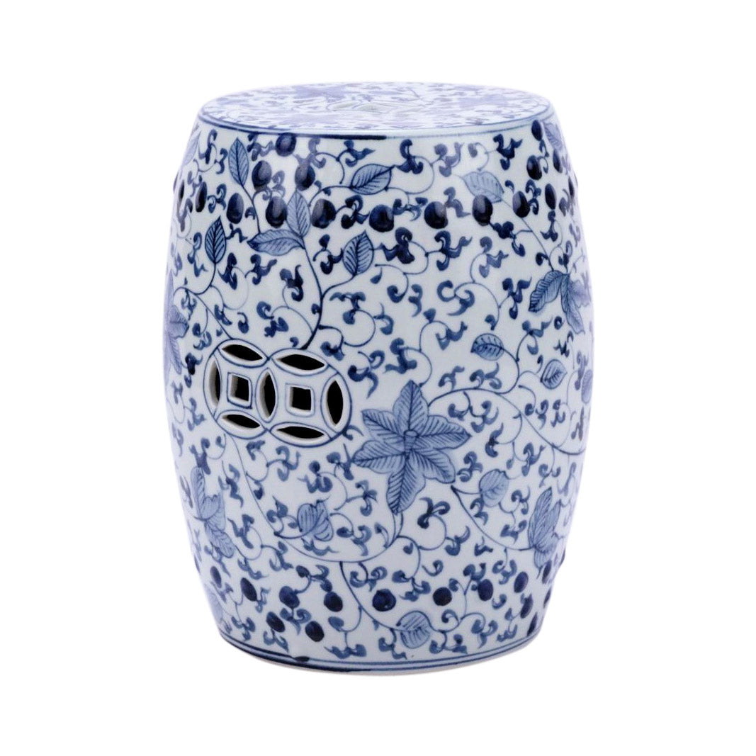 Blue and White Porcelain Twisted Vine Lotus Garden Stool 18"