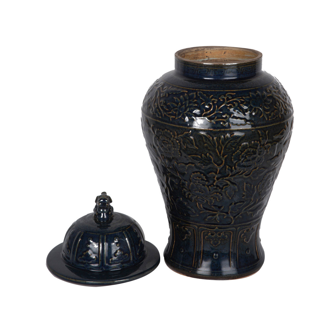 Carved Flower Temple Jar Speckled Indigo