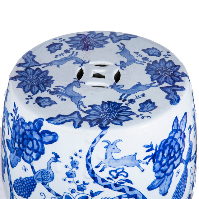Blue and White Porcelain Botanical Scenery Garden Stool