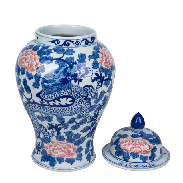 Blue and White Red Peony Porcelain Dragon Temple Jar
