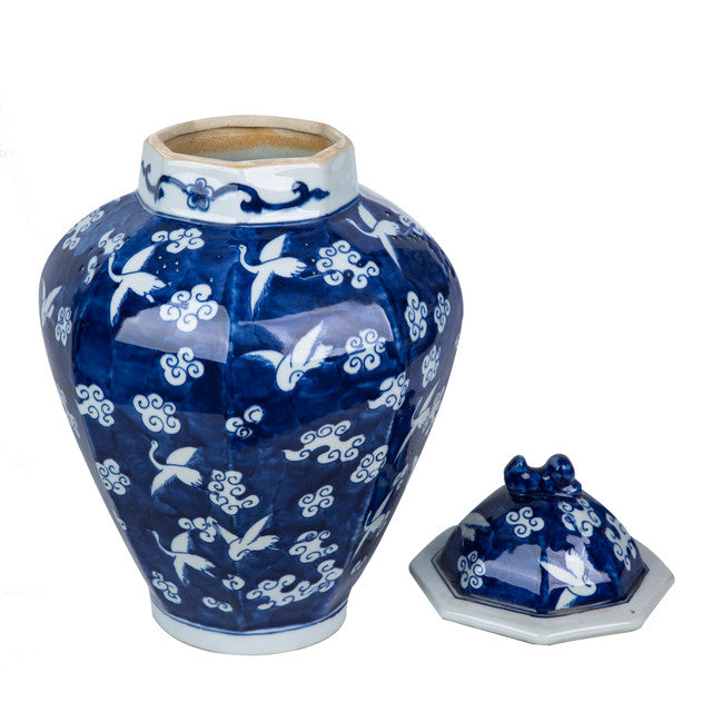 Blue and white Porcelain Crane Cloud Octagonal Lidded Jar