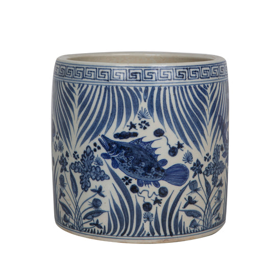 Blue and White Fish Motif Porcelain Cachepot Pot