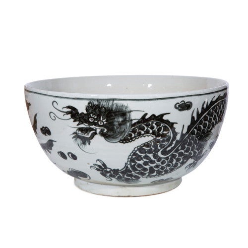 Charcoal Black Dragon Phoenix Porcelain Bowl 14.5"